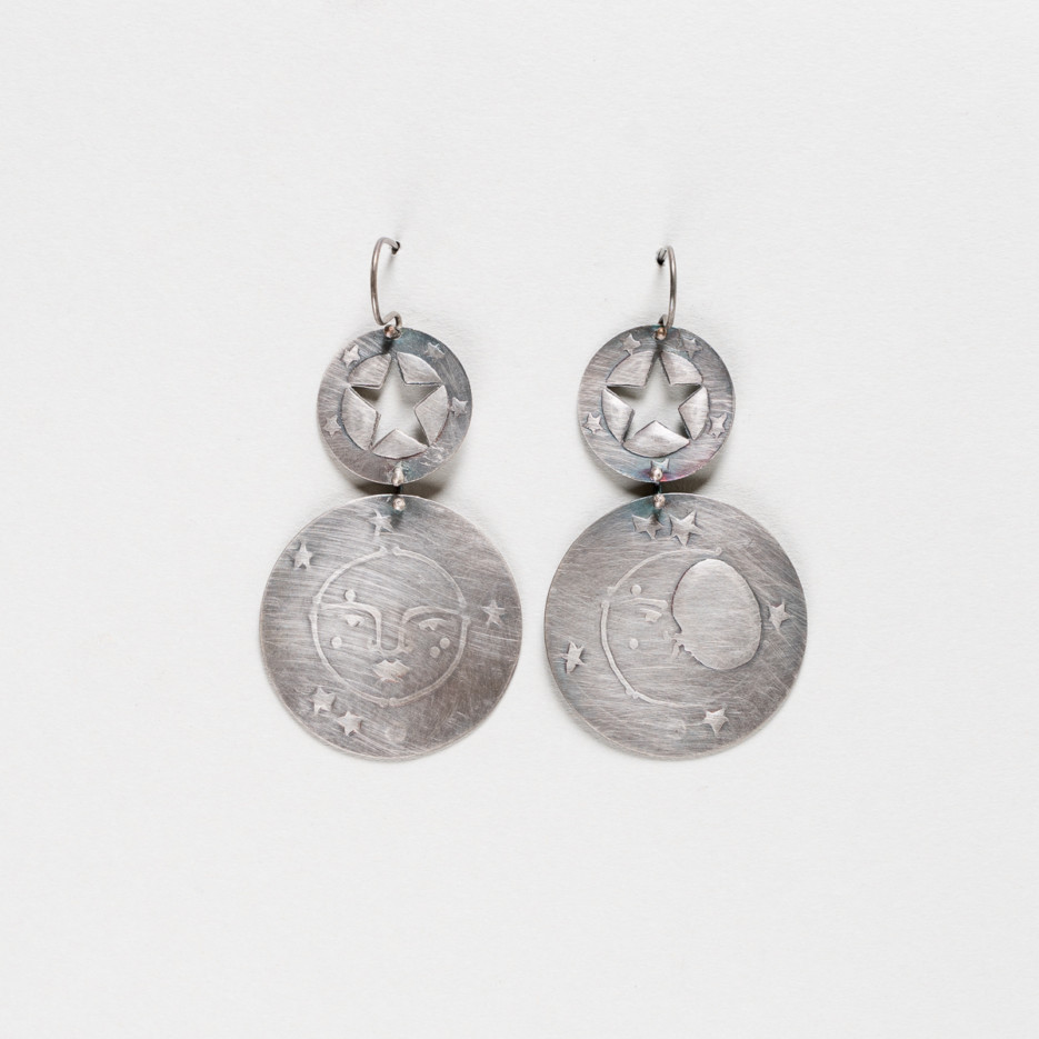 Image of Embossed Silver Moon Phases & Star Earrings