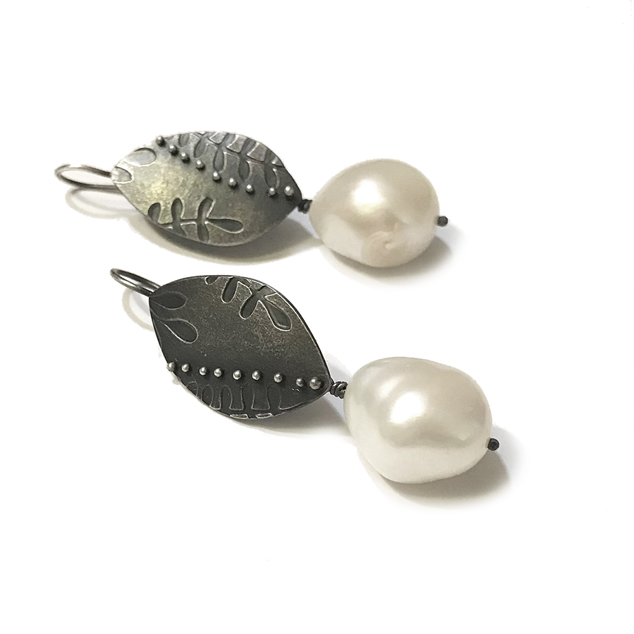 Image of Oxidised Sterling Silver Embossed Earrings with Fresh Water Baroque Pearls