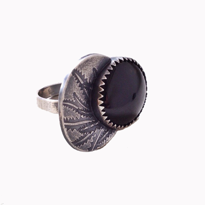 Image of Embossed Sterling Silver Oval Ring with Onyx