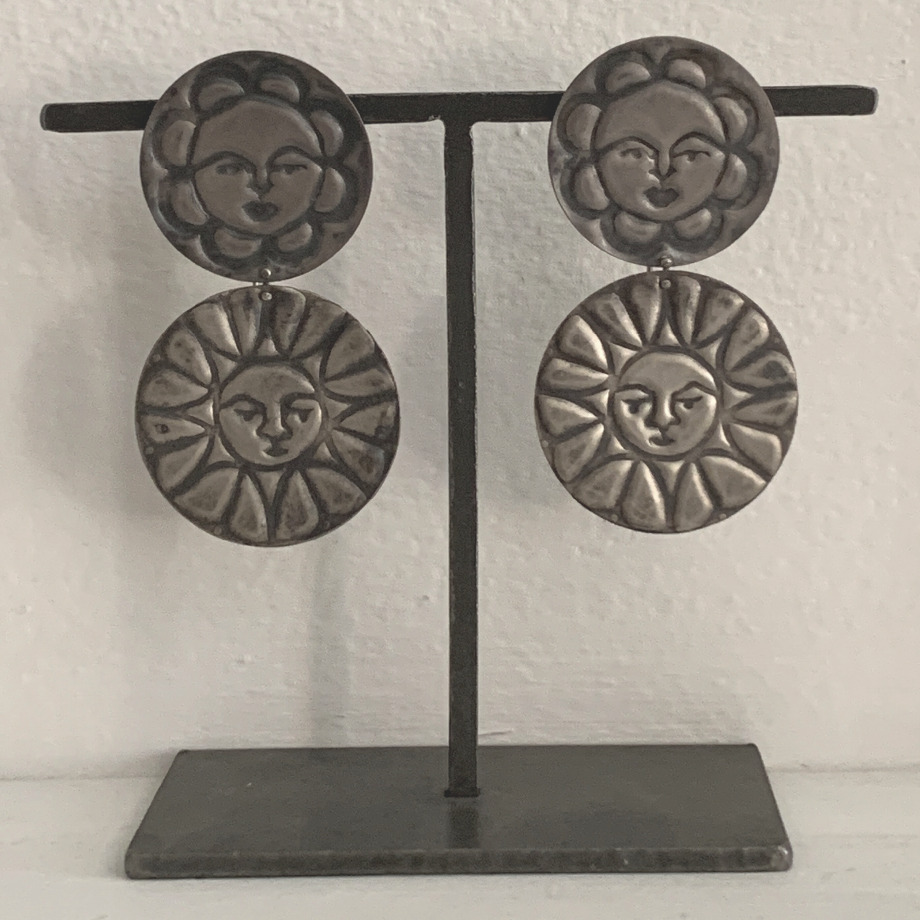 Image of Embossed Silver Sunface 2-Disc Earrings
