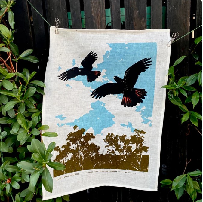 Image of Linen Tea Towel | Black Cockatoos in Flight